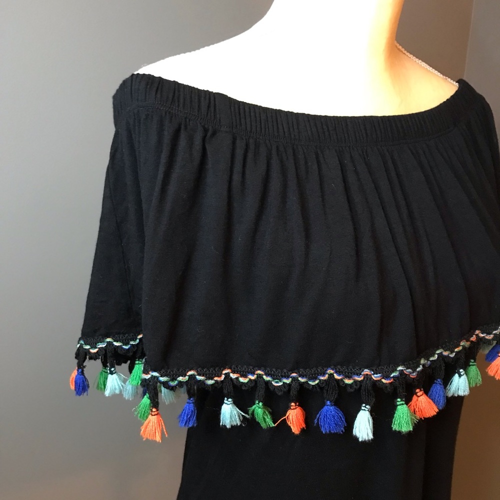 Black Tasseled Off The Shoulder Top Size S (EUC) - Picture 3 of 3